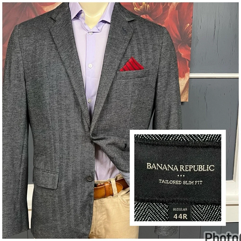 Banana‎ Republic Soft Knit Blazer Sport Coat Mens 44R Slim Fit Herringbone Gray